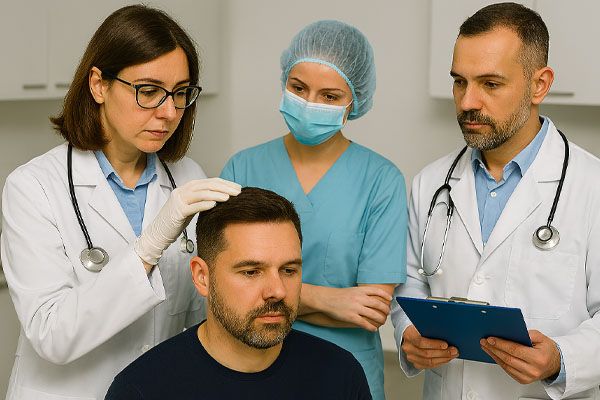 Medici e assistenti che forniscono assistenza post-operatoria dopo trapianto capelli in Turchia
