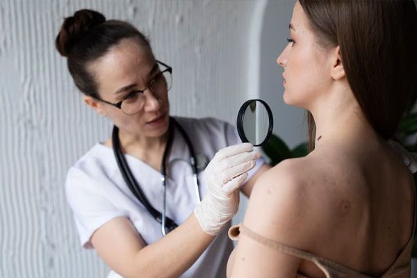 Revisione del medico con lente d'ingrandimento la pelle di un paziente