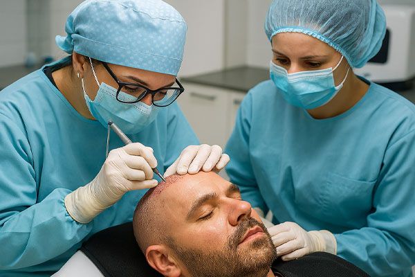 Medici e assistenti che forniscono assistenza post-operatoria dopo trapianto capelli in Turchia
