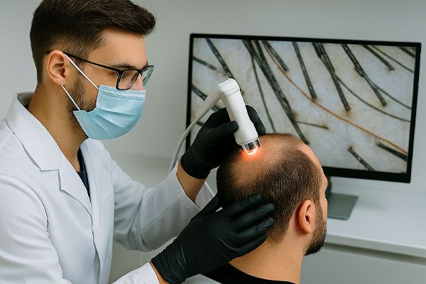 Tricologo esegue tricogramma digitale per valutare lo stato dei follicoli piliferi in clinica turca