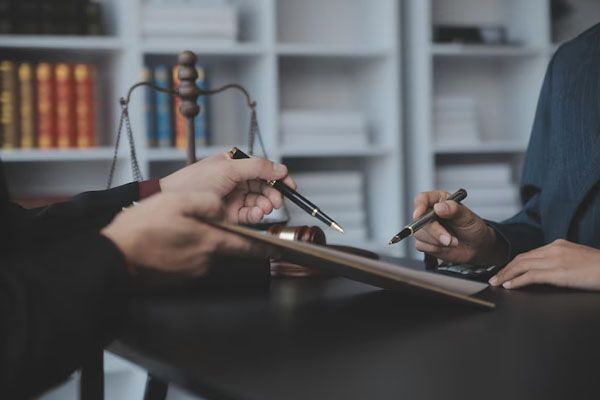 Avvocati che discutono di documenti contrattuali con saldo in bronzo nel desktop dell'ufficio
