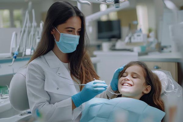 dentista che esamina ragazza sorridente