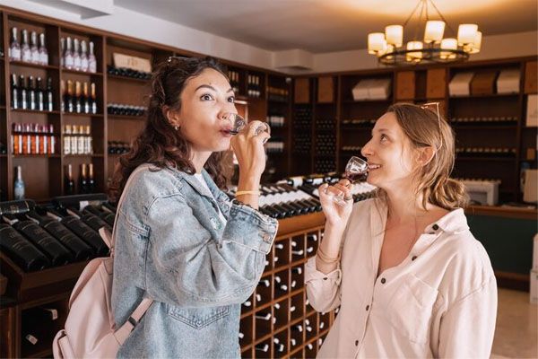 Due donne assaggiano il vino in una cantina