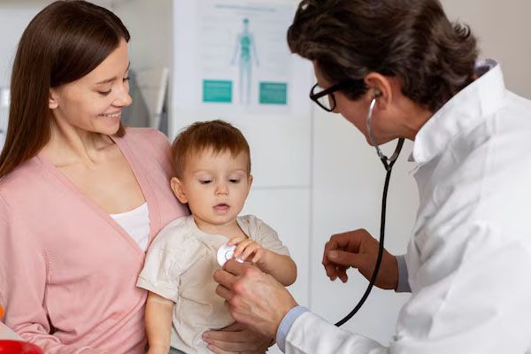 Giovane madre e sua figlia in visita dal pediatra