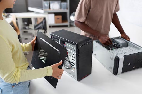 Persone che assemblano computer