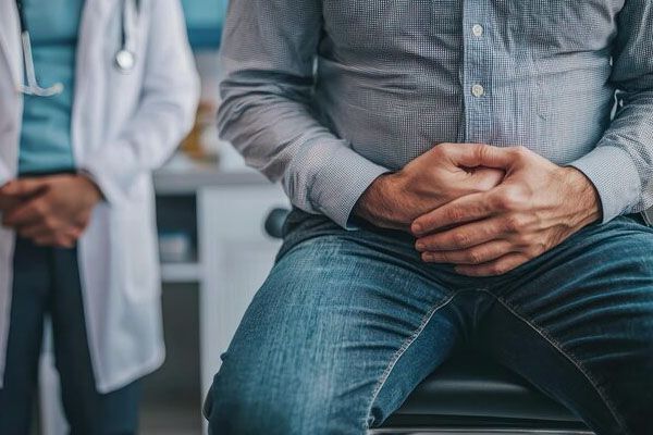 persona con un brutto aspetto allo stomaco seduta nello studio del medico
