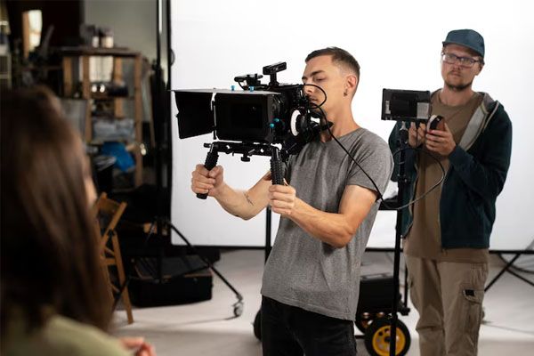 uomo che filma con una telecamera professionale un nuovo film