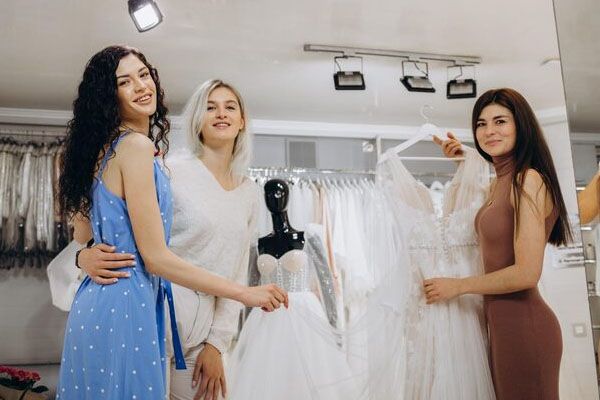Bellissima sposa che prova un elegante abito da sposa in una moderna sala per matrimoni, aiutata dalle sue a