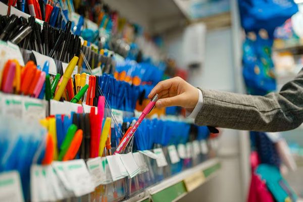 La mano di un uomo che sceglie una penna in un negozio
