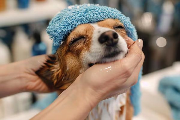 cane si gode il trattamento termale con un asciugamano blu sulla testa