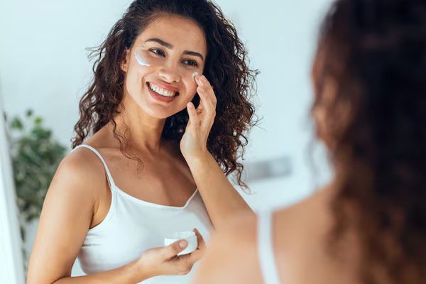 Giovane donna che si prende cura della sua pelle mentre applica la crema guardandosi allo specchio a casa