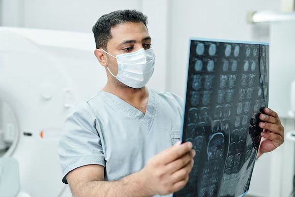 Vista sulla spalla del medico in abito che esamina l'immagine a raggi X del paziente