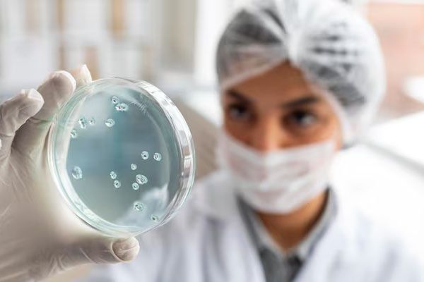 scienziato peloso che tiene una capsula di petri