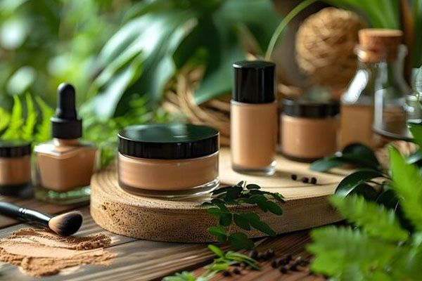 Contenitori per il trucco su una base di legno circondata da foglie verdi