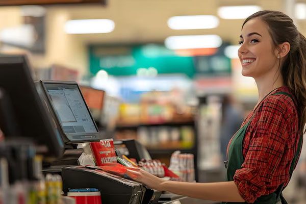 cassiera del supermercato che svolge il suo lavoro