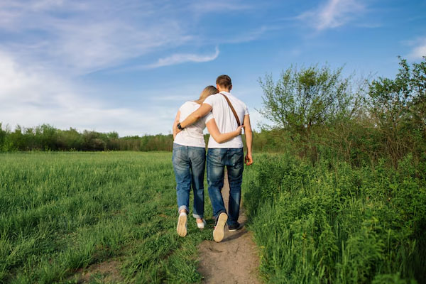 Coppia che cammina su un sentiero in campagna