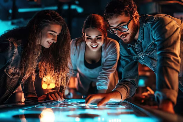 Tre persone che guardano uno schermo seduto a un tavolo