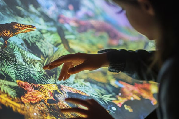 bambini che utilizzano schermi interattivi nella sala espositiva