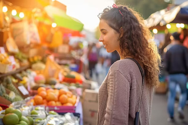 bella giovane donna che fa la spesa in una bancarella del mercato