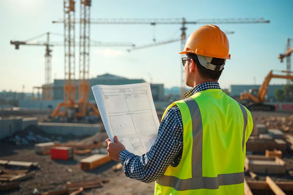 Uomo in piedi con le spalle alla telecamera che guarda un cantiere edile