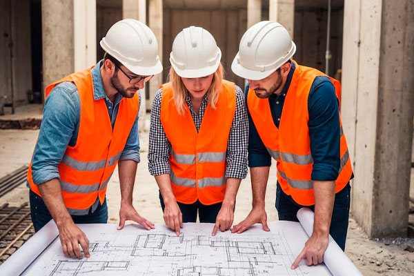 gruppo di persone in abiti da lavoro che guardano i progetti di costruzione