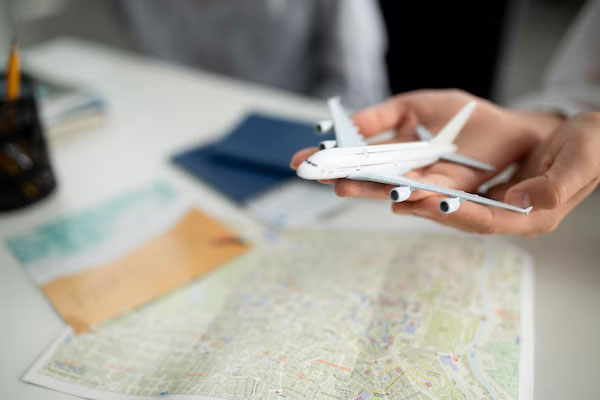 Primo piano di una mano che regge un modellino in scala di un aereo di linea