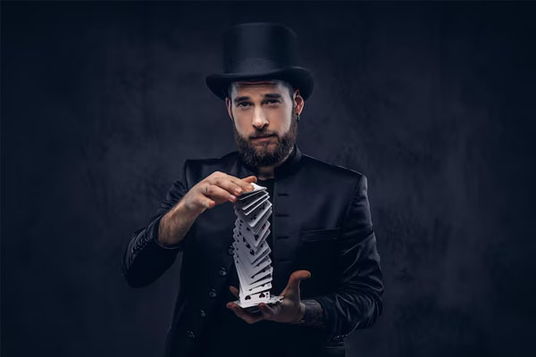 Mago che esegue un trucco magico con le carte